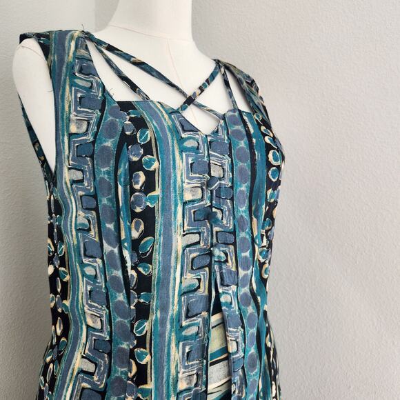 Vintage 90s Abstract Blue Green Sleeveless Midi Dress Criss Cross Neckline 12 - Picture 3 of 14
